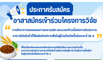 ประกาศรับสมัครอาสาสมัครเข้าร่วมโครงการวิจัย การศึกษาการตอบสนองทางเมตาบอลิก และมวลกล้ามเนื้อต่อการรับประทานอาหารโปรดีนต่ำที่ใช้ผลิตภัณฑ์จากพืชในผู้ป่วยโรคไตเรื้อรังระยะที่ 3b-4