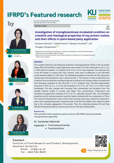 Investigation of transglutaminase incubated condition on crosslink and rheological properties of soy protein isolate, and their effects in plant-based patty application