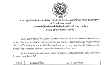 ประกาศ รายชื่อผู้มีสิทธิสอบเพื่อคัดเลือกเป็นพนักงานจ้างเหมารายเดือน ตำแหน่งเจ้าหน้าที่บริหารงานทั่วไป ศูนย์ถ่ายทอดเทคโนโลยีฯ