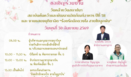 ขอเชิญร่วมงานวันคล้ายวันสถาปนาสถาบันค้นคว้าและพัฒนาผลิตภัณฑ์อาหาร ปีที่ 58 และงานแสดงมุทิตาจิต "ร้อยรักถักดวงใจ สายใยผูกพัน"